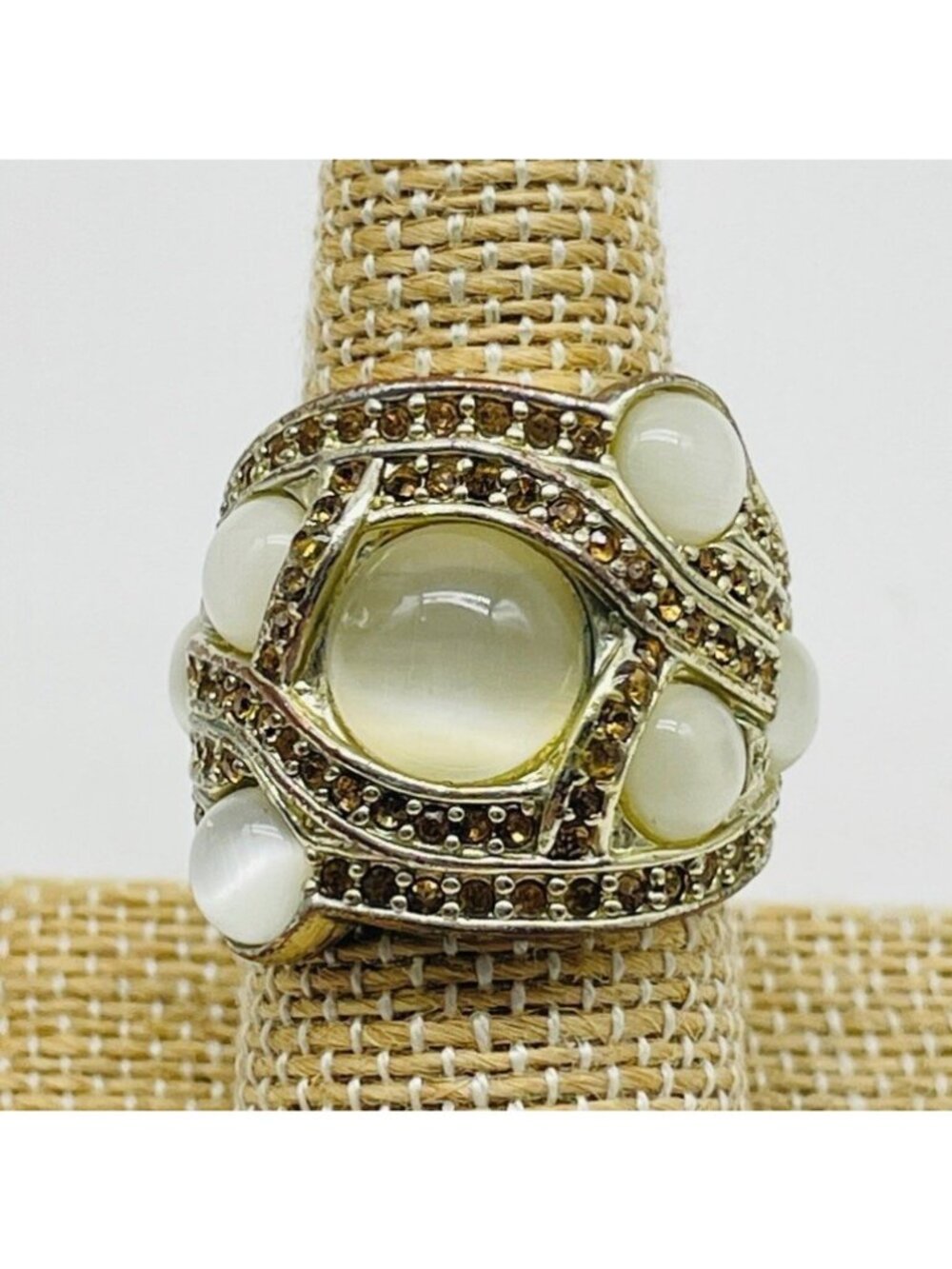 Vintage Opalescent Cabochon Cocktail Ring Gold Tone Brown Rhinestones